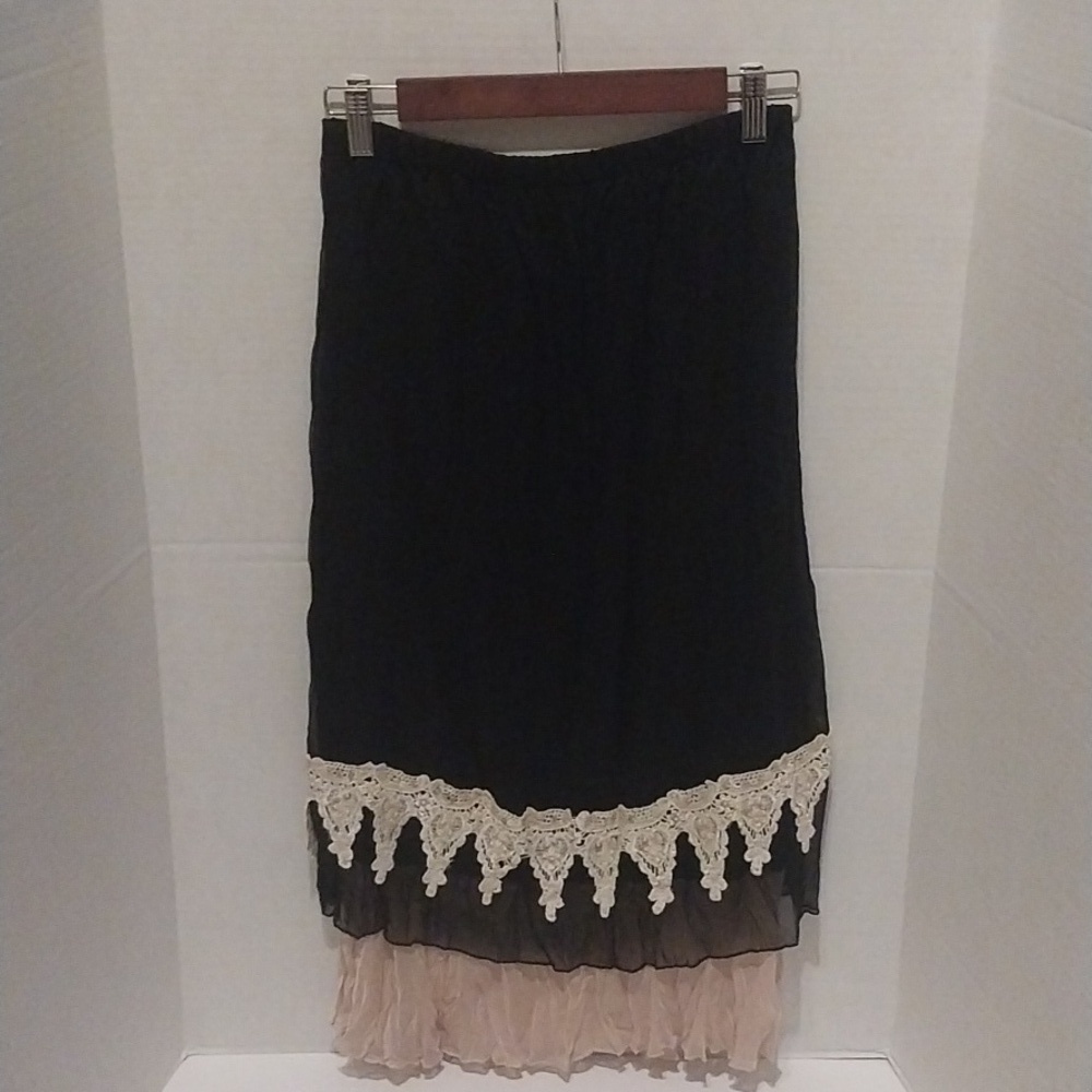 Black Lace and Sequin Trimmed Tiered Midi Skirt Size S